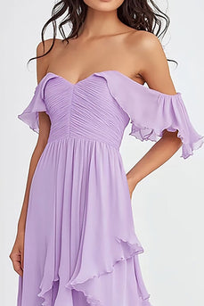 Lilac Off the Shoulder Chiffon Ruffled A-Line Formal Dress