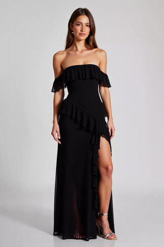 Black Off the Shoulder Chiffon Long Formal Dress with Slit