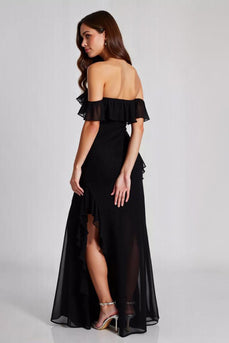 Black Off the Shoulder Chiffon Long Formal Dress with Slit
