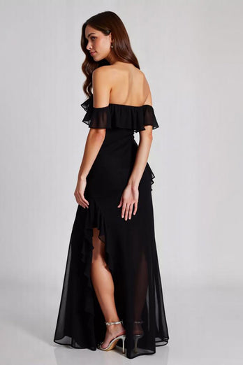 Black Off the Shoulder Chiffon Long Formal Dress with Slit