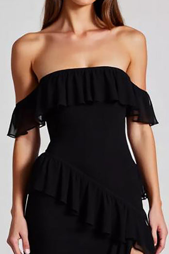 Black Off the Shoulder Chiffon Long Formal Dress with Slit