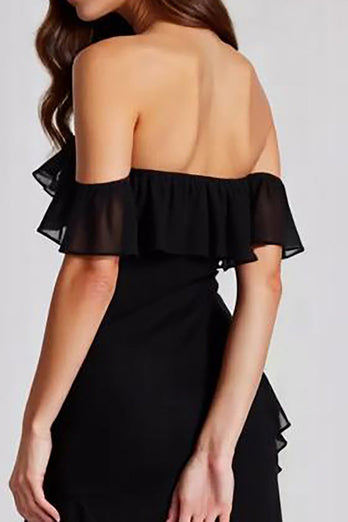 Black Off the Shoulder Chiffon Long Formal Dress with Slit