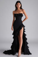Load image into Gallery viewer, Black Strapless Mermaid Ruffled Formal Dress With Slit