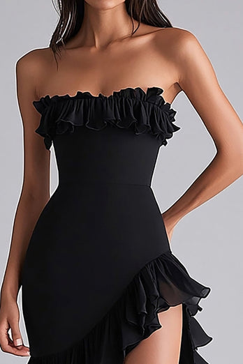 Black Strapless Mermaid Ruffled Formal Dress With Slit