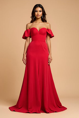 Red Off the Shoulder A Line Satin Long Formal Dress