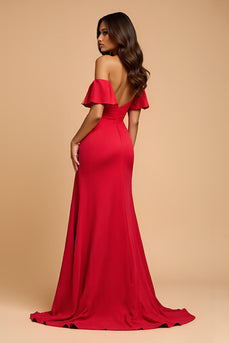 Red Off the Shoulder A Line Satin Long Formal Dress