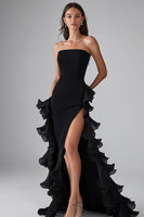 Load image into Gallery viewer, Black Strapless Ruffled Mermaid Long Formal Dress with Slit