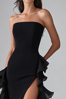 Black Strapless Ruffled Mermaid Long Formal Dress with Slit