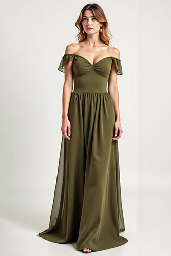 Olive Off the Shoulder Chiffon A-Line Long Formal Dress