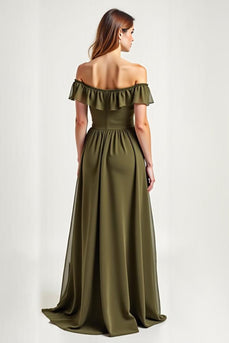 Olive Off the Shoulder Chiffon A-Line Long Formal Dress