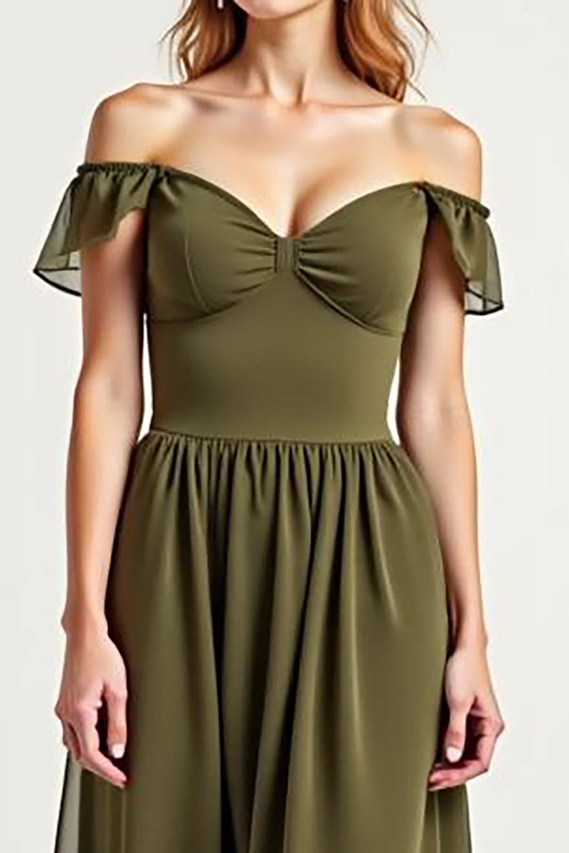 Load image into Gallery viewer, Olive Off the Shoulder Chiffon A-Line Long Formal Dress