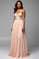 Load image into Gallery viewer, Champagne A Line Spaghetti Straps Long Formal Dress