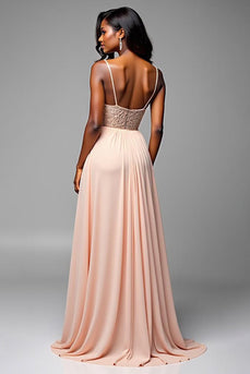 Champagne A Line Spaghetti Straps Long Formal Dress