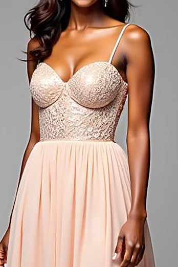 Champagne A Line Spaghetti Straps Long Formal Dress
