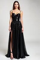 Load image into Gallery viewer, Sparkly Black Spaghetti Straps A Line Long Formal Dress with Slit