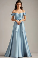 Load image into Gallery viewer, Sky Blue Off the Shoulder Satin A-Line Long Formal Dress