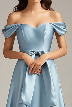 Sky Blue Off the Shoulder Satin A-Line Long Formal Dress