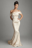 Load image into Gallery viewer, Champagne Off the Shoulder Satin Mermaid Long Formal Dress