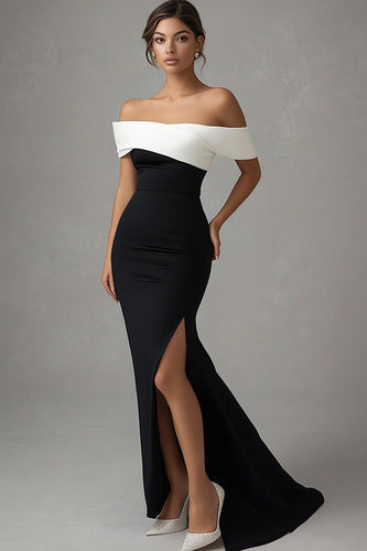 Black Off the Shoulder Satin Long Formal Dress with Slit