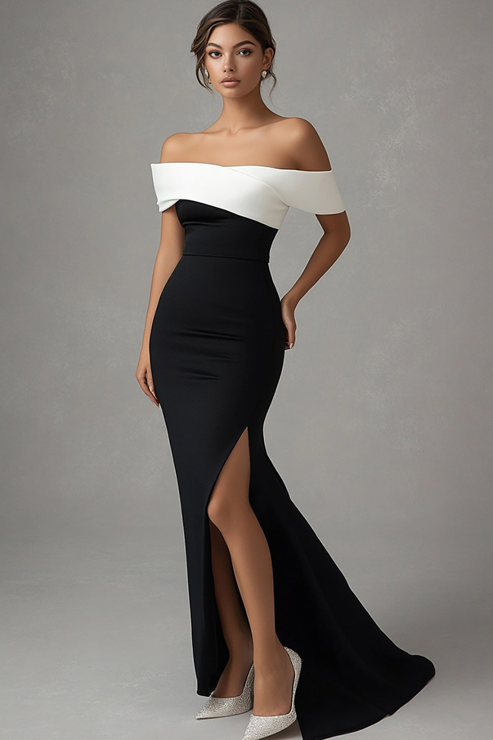 Black Off the Shoulder Satin Long Formal Dress with Slit