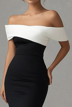 Black Off the Shoulder Satin Long Formal Dress with Slit