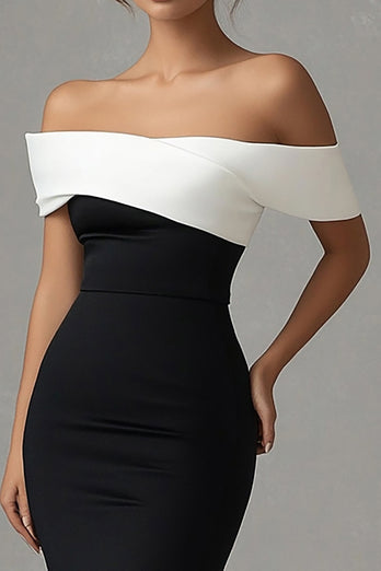 Black Off the Shoulder Satin Long Formal Dress with Slit