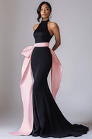 Load image into Gallery viewer, Black Halter Satin Long Formal Dress with Pink Streamer