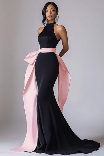 Black Halter Satin Long Formal Dress with Pink Streamer
