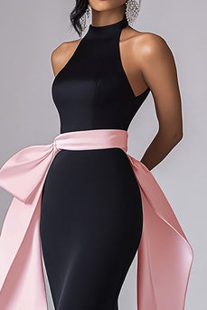 Black Halter Satin Long Formal Dress with Pink Streamer