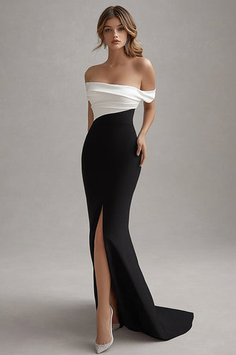 Black White Long Off the Shoulder Formal Dress with Slit