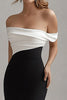 Load image into Gallery viewer, Black White Long Off the Shoulder Formal Dress with Slit