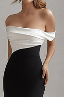 Load image into Gallery viewer, Black White Long Off the Shoulder Formal Dress with Slit