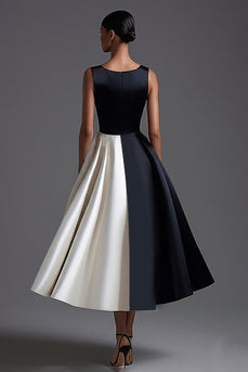 Simple Black White Satin A Line Long Formal Dress