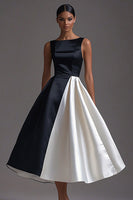 Load image into Gallery viewer, Simple Black White Satin A Line Long Formal Dress