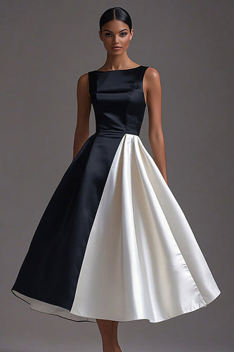 Simple Black White Satin A Line Long Formal Dress