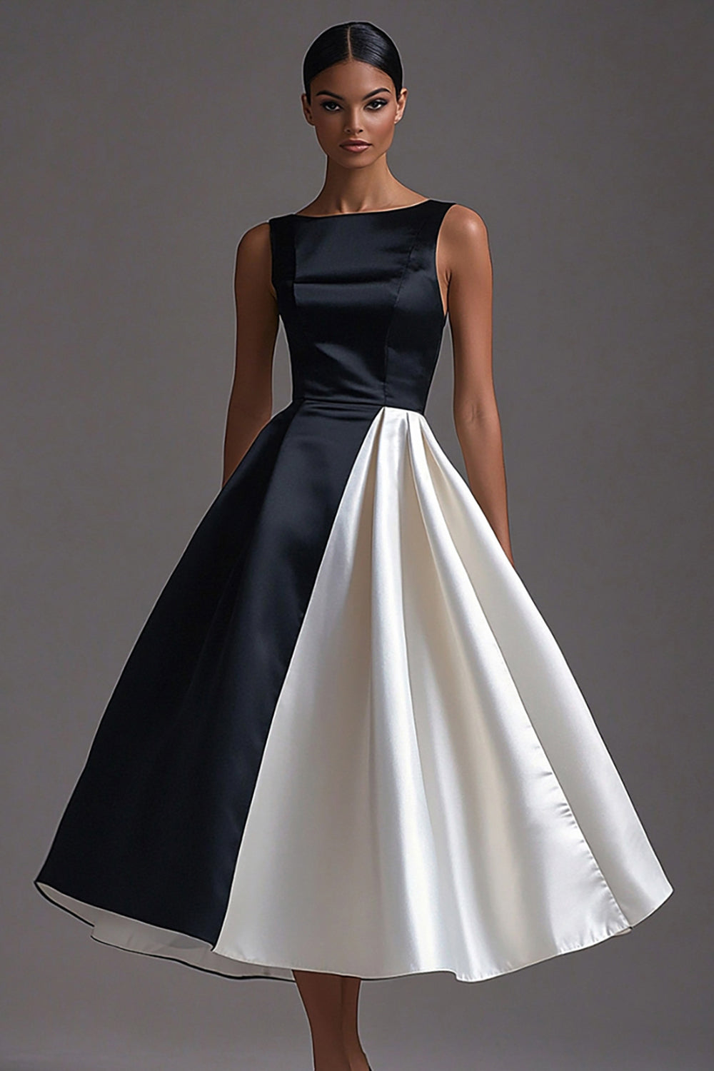 Simple Black White Satin A Line Long Formal Dress