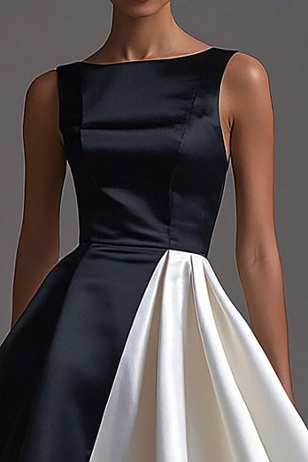 Simple Black White Satin A Line Long Formal Dress