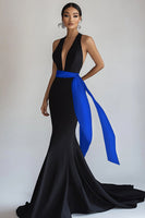 Load image into Gallery viewer, Black Deep V Neck Mermaid Long Formal Dress