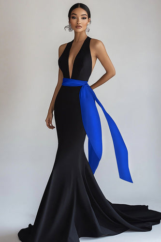 Black Deep V Neck Mermaid Long Formal Dress