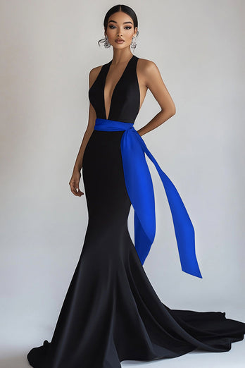 Black Deep V Neck Mermaid Long Formal Dress