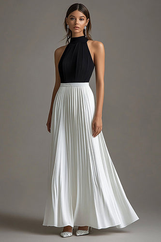 White A Line Pleated Halter Neck Long Formal Dress