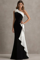 Load image into Gallery viewer, Black White One Shoulder Long Formal Dress with Ruffles