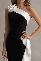Load image into Gallery viewer, Black White One Shoulder Long Formal Dress with Ruffles