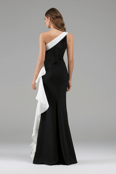 Black White One Shoulder Long Formal Dress with Ruffles