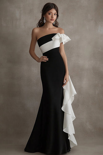 Black White Mermaid Long Formal Dress with Ruffles