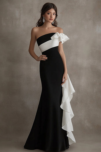 Black White Mermaid Long Formal Dress with Ruffles