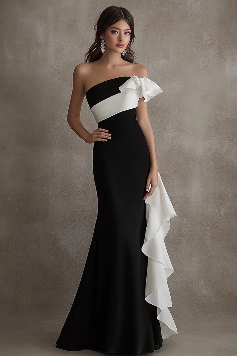 Load image into Gallery viewer, Black White Mermaid Long Formal Dress with Ruffles