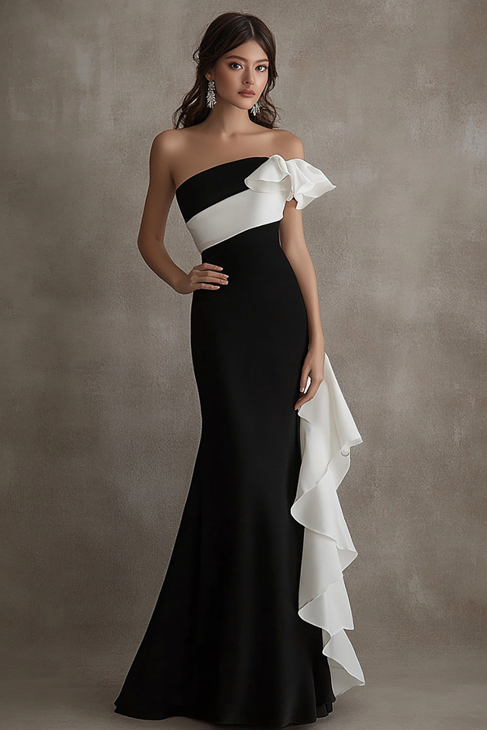 Black White Mermaid Long Formal Dress with Ruffles
