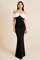 Load image into Gallery viewer, Black White Off the Shoulder Satin Long Formal Dress
