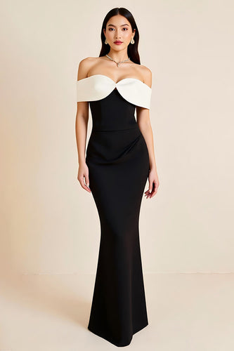 Black White Off the Shoulder Satin Long Formal Dress